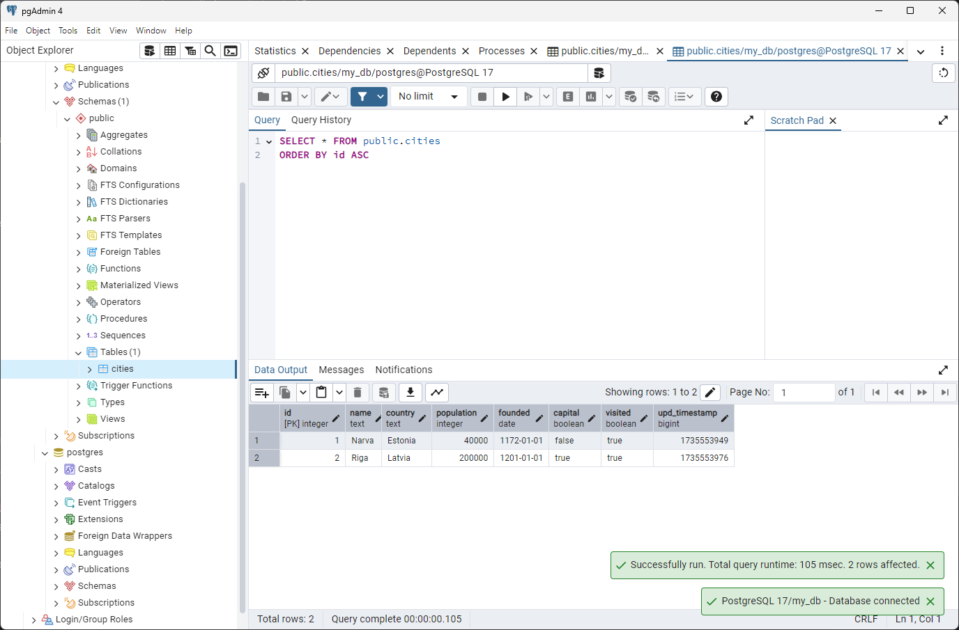 Таблица с двумя записями в Postgres 17 в Windows изображение с сайта www.devhops.site