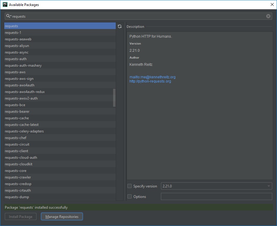 Установка модуля requests в PyCharm изображение с сайта www.eth1.ru