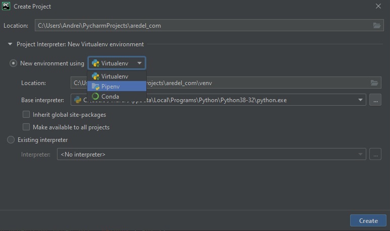 Выбор виртуального окружения при создании проекта в PyCharm www.eth1.ru