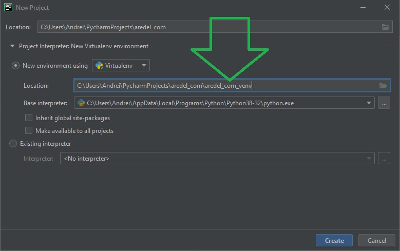 Выбор виртуального окружения при создании проекта в PyCharm www.eth1.ru