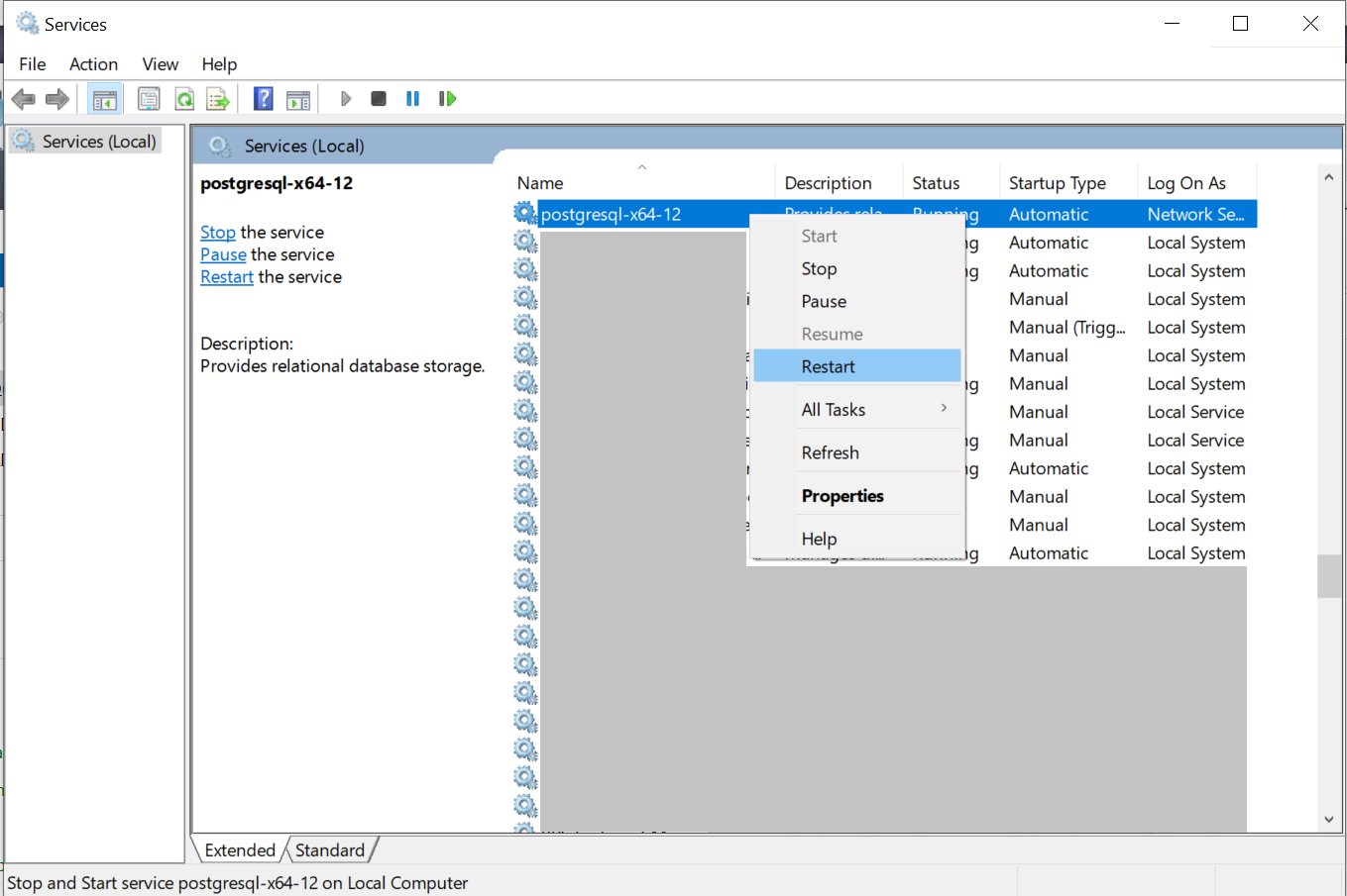 Перезапуск сервиса Postgres 12 в Windows изображение с сайта www.devhops.site