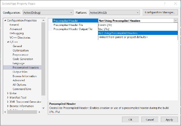 Отключить Precompiled Headers в Visual Studio 2019 в Windows 10 изображение с сайта www.devhops.site