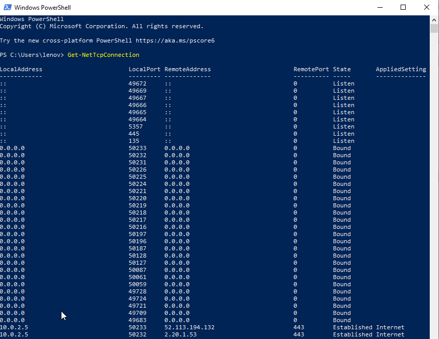 Get-NetTcpConnection PowerShell изображение с сайта www.eth1.ru