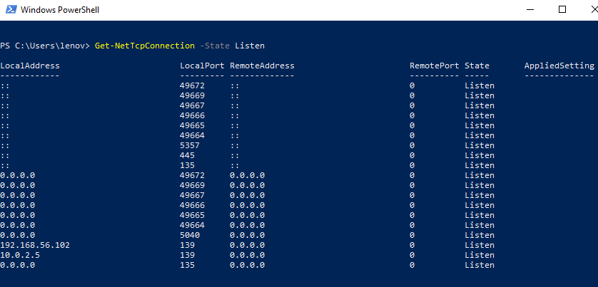 Get-NetTcpConnection State Listen PowerShell изображение с сайта www.eth1.ru